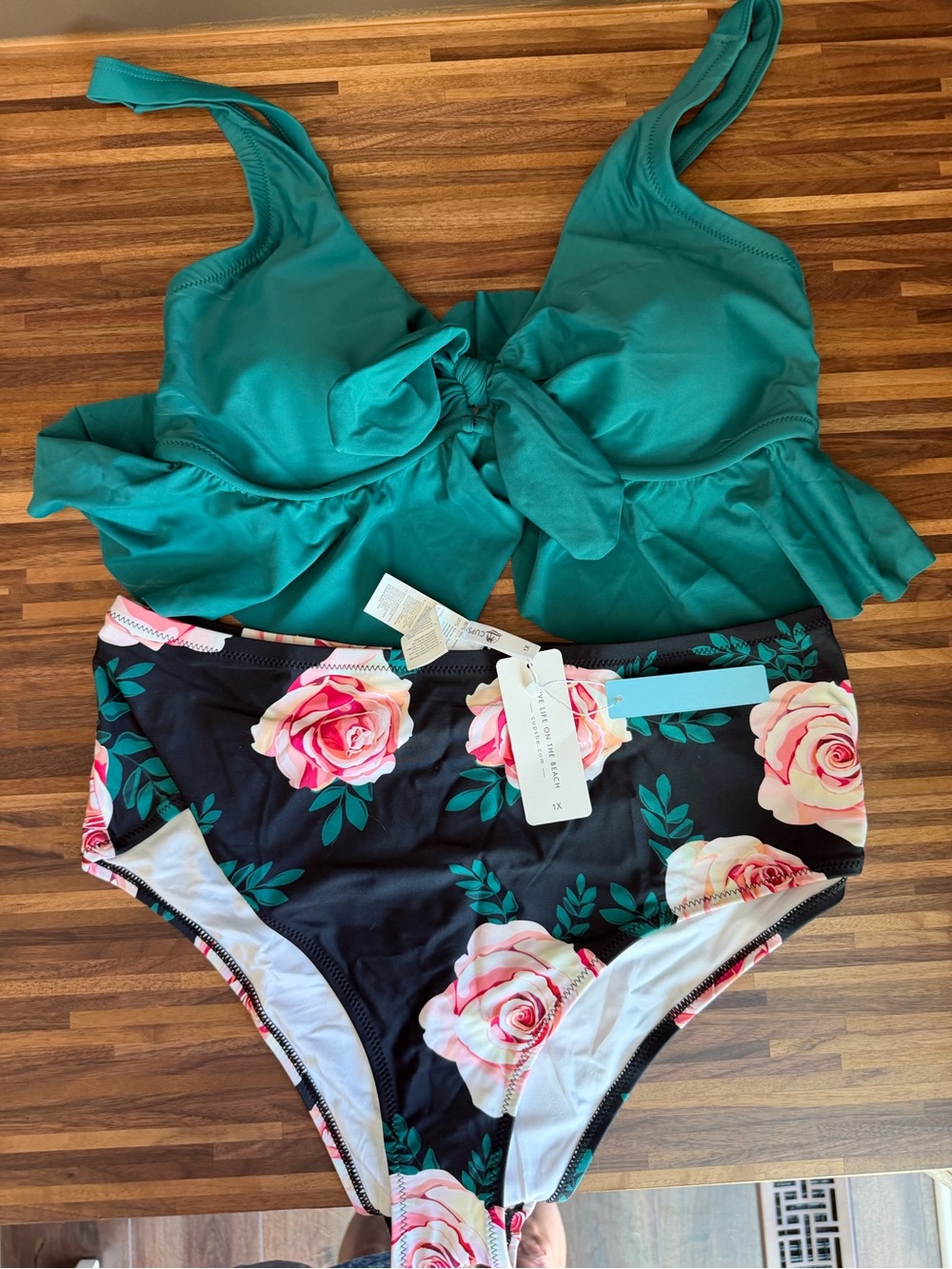 Cupshe Teal Ruffled Bikini Top with Black Floral High-Waist Bottom